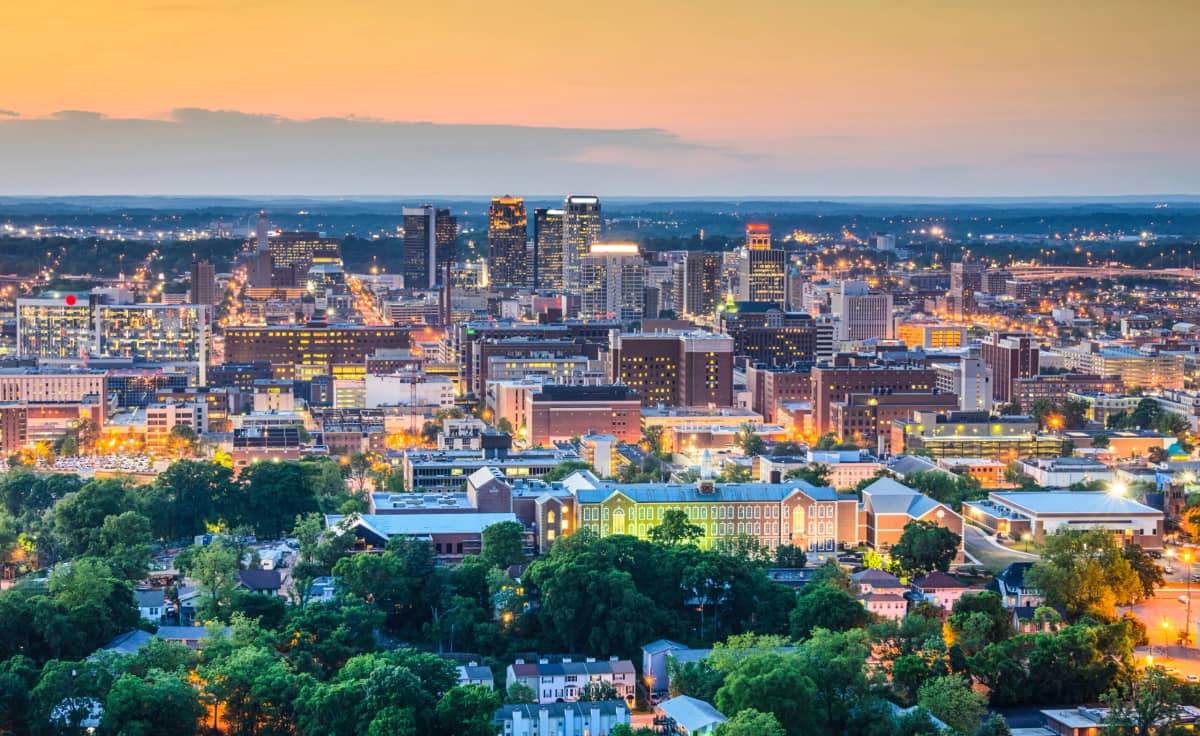 Downtown Birmingham, Alabama skyline at dusk
